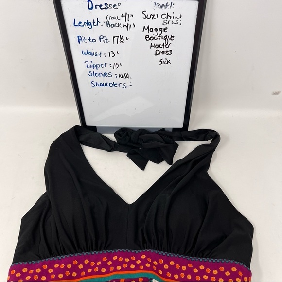 Suzi Chin For Maggy Boutique Silk Halter Dress Size 8P Black V Neck Floral Print - Picture 5 of 13